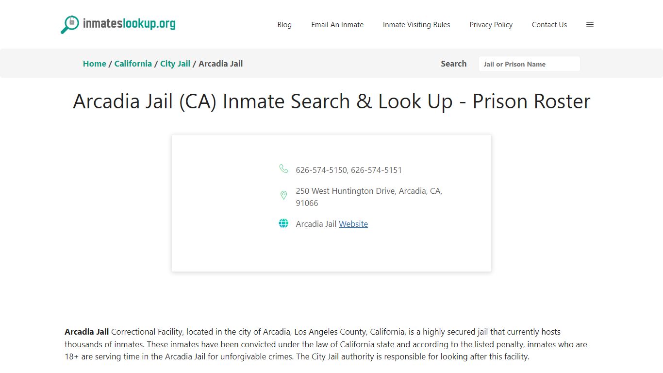 Arcadia Jail (CA) Inmate Search & Look Up - Prison Roster